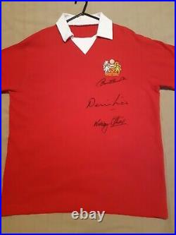 Bobby Charlton Denis Law Nobby Stiles Signed Manchester United Retro Shirt