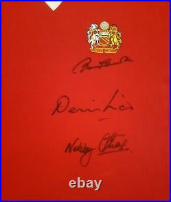 Bobby Charlton Denis Law Nobby Stiles Signed Manchester United Retro Shirt