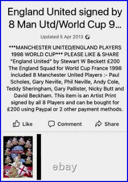 England/Manchester united hand signed print framed Celebrating World Cup 98