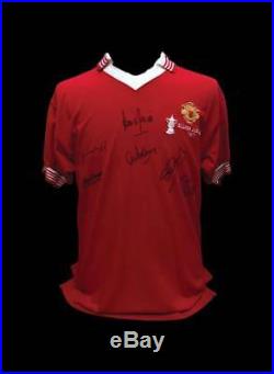 FRAMED MANCHESTER UNITED 1977 FA CUP FINAL FOOTBALL SHIRT SIGNED x 6 COA PROOF