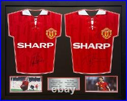 Framed Eric Cantona & Roy Keane 2 Signed Manchester United Shirts See Proof Coa Framed Eric Cantona & Roy Keane 2 Signed Manchester United Shirts See Proof Coa