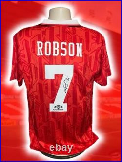 Hand Signed BRYAN ROBSON Manchester United Retro Home Shirt Proof
