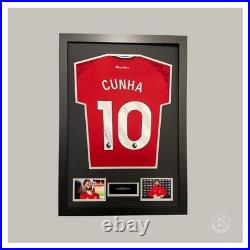 Hand Signed Matheus Cunha Framed Manchester United Shirt Display + Proof+coa
