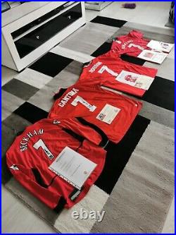 Man Utd legends all 7 signed shirts. Best, Beckham, Ronaldo, Cantona, Robson