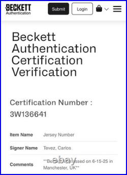 Manchester United Carlos Tevez Signed Jersey Moscow 2008 Beckett Authenticated