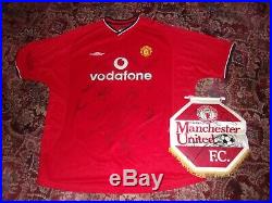 Manchester United Hand Signed Autograph Legends Shirt And Signed Pennant. Coa