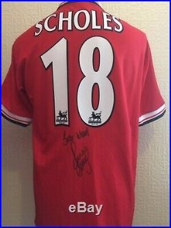 Manchester United Number 18 Retro Treble Shirt Signed Paul Scholes Guarantee