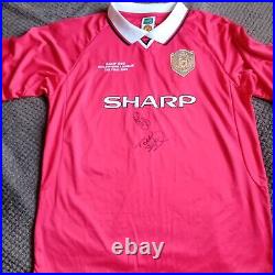 Manchester United Treble Retro 1999 Camp Nou Shirt Signed Solskjaer Sheringham