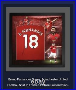 Signed Bruno Fernandes Manchester United shirt in a montage frame COA £249