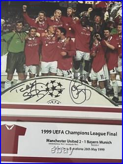 Signed Manchester United, 1999 Champions League Winners, Ole & Teddy. (frame)
